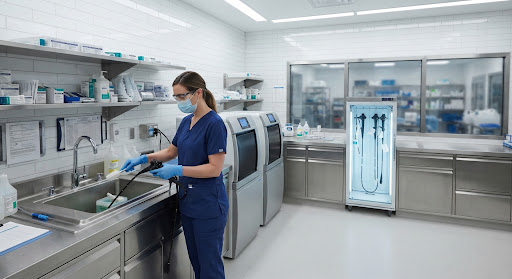 Técnico especializado inspeccionando un endoscopio